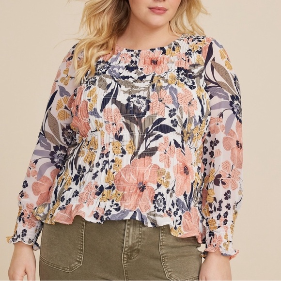 MAURICES FLORAL SMOCKED LONG SLEEVE BLOUSE - Picture 1 of 12